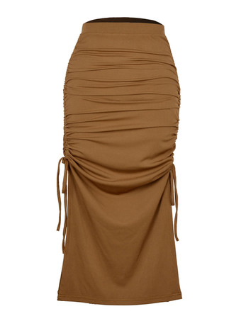 カーキ 女性スカート ブラック レースアップ ポリエステル ミッドカーフ丈 ナチュラルウエスト ドローストリング ボトムス