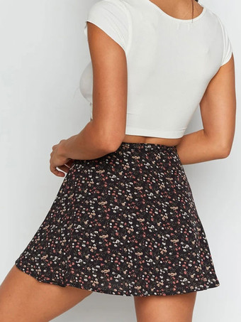 レディース スカート ブラック 花柄 ポリエステル ショート ナチュラルウエスト レディース ボトムス