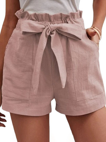 ピンク リネンショーツ 伸縮性ウエスト 蝶ネクタイポケット かわいい夏ボトムス