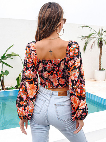 女性用シャツレッドフローラルプリントVネックセクシー長袖ポリエステルトップス