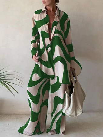 Zweiteilige Sets  grünes Polyester  lässiges Oberteil  Frühling  lange Ärmel  Turndown-Kragen-Outfit für Frauen