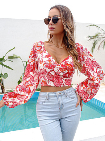 Shirt For Women Red Floral Print V-Neck Sexy Long Sleeves Tops