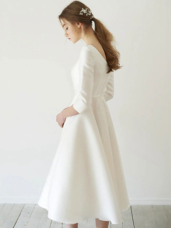 ショートウェディングドレス ジュエルネック 3/4丈スリーブ Aライン ティーレングスブライダルガウン