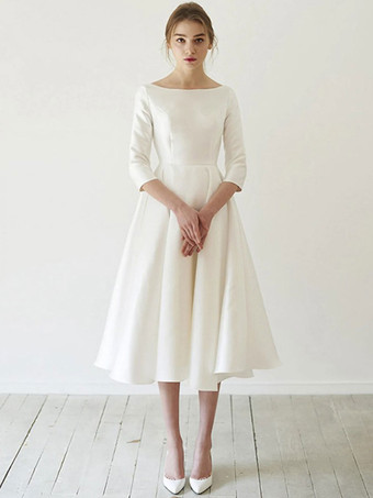 Short Wedding Dresses Jewel Neck 3/4 Length Sleeves A-Line Tea-Length Bridal Gowns