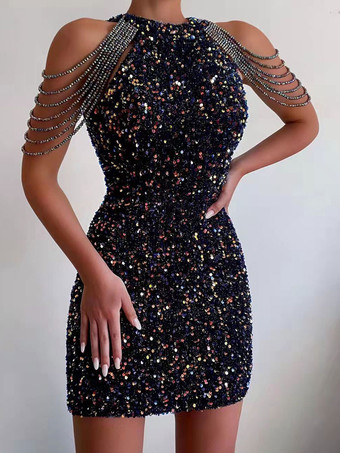 誕生日パーティーミニボディコンドレスピンクノースリーブセクシーなジュエルネックシースドレス