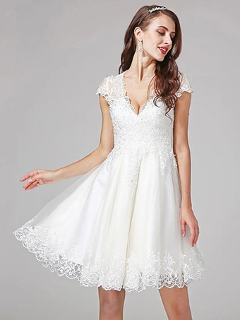 Brautkleider Kurz milchweiß Kurzarm V-Ausschnitt Hochzeitskleid Kurz
