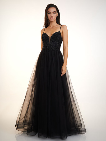 Черное платье для выпускного вечера Милая шея A-Line без рукавов с бисером Театрализованное платье