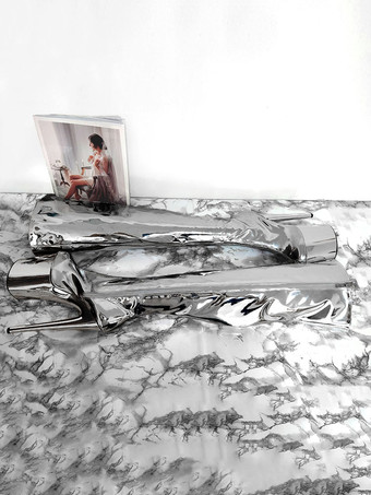 女性のセクシーなブーツ シルバー プラットフォーム ハイヒール サイハイ ブーツ