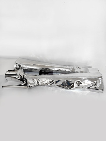 女性のセクシーなブーツ シルバー プラットフォーム ハイヒール サイハイ ブーツ