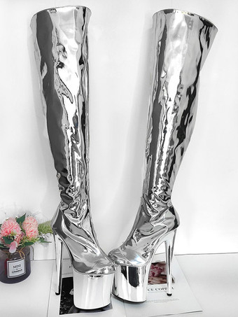 女性のセクシーなブーツ シルバー プラットフォーム ハイヒール サイハイ ブーツ