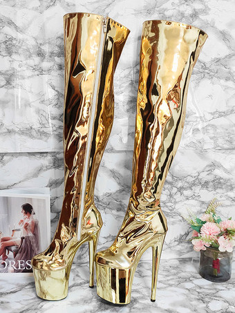 ゴールド 女性のセクシーなブーツ シルバー プラットフォーム ハイヒール サイハイ ブーツ