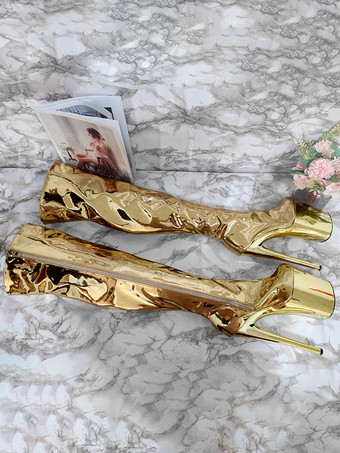 女性のセクシーなブーツ シルバー プラットフォーム ハイヒール サイハイ ブーツ