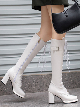女性用 PU レザー チャンキー ヒール ニーハイ ブーツ