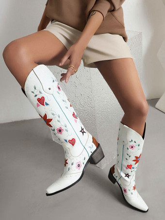 PUレザー ポインテッドトゥ チャンキーヒール ミッドカーフブーツ カウガール ウェディングシューズ