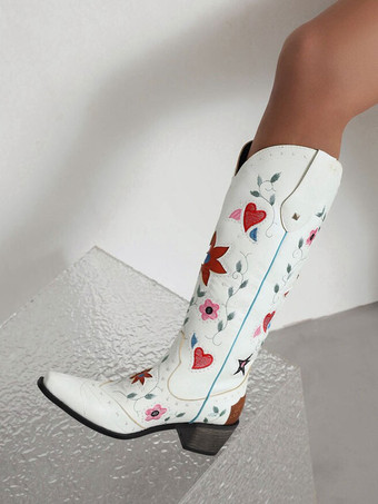 PUレザー ポインテッドトゥ チャンキーヒール ミッドカーフブーツ カウガール ウェディングシューズ