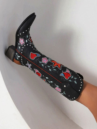 PUレザー ポインテッドトゥ チャンキーヒール ミッドカーフブーツ カウガール ウェディングシューズ