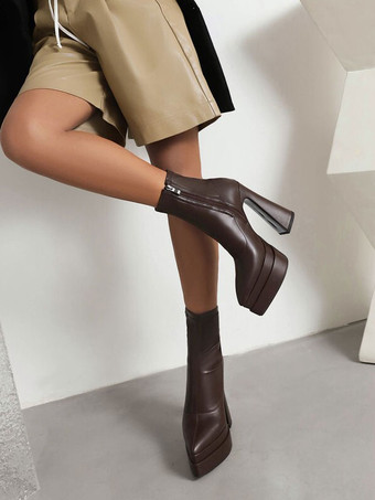 女性の PU レザー ポインテッド トゥ チャンキー ヒール アンクル ブーツ