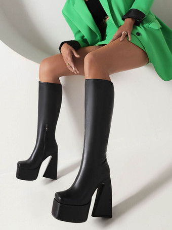 ブラック 女性のニーハイ ブーツ ホワイト プラットフォーム スクエア トゥ PU レザー チャンキー ヒール ニーブーツ