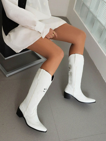 レディース ウエスタンブーツ PUレザー スクエアトゥ チャンキーヒール ミッドカーフブーツ