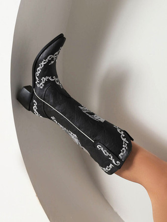 レディース ウエスタンブーツ PUレザー スクエアトゥ チャンキーヒール ミッドカーフブーツ