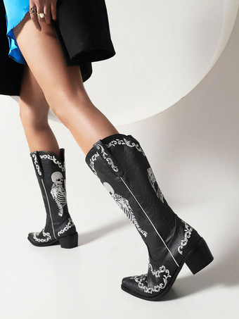 ブラック レディース ウエスタンブーツ PUレザー スクエアトゥ チャンキーヒール ミッドカーフブーツ