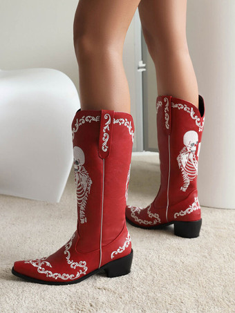 レディース ウエスタンブーツ PUレザー スクエアトゥ チャンキーヒール ミッドカーフブーツ