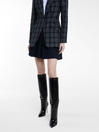 ピンクのニーハイブーツ女性スティレットワイドカーフブーツスネークパターン明るいレザー