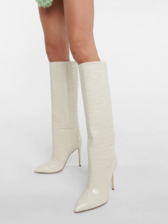 ピンクのニーハイブーツ女性スティレットワイドカーフブーツスネークパターン明るいレザー