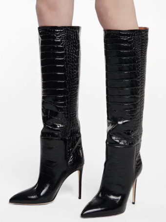 ピンクのニーハイブーツ女性スティレットワイドカーフブーツスネークパターン明るいレザー