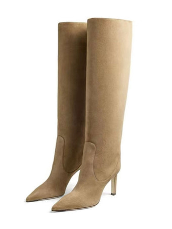 アプリコット女性のニーハイ ブーツ ブラック スティレット ヒール ワイド カーフ ブーツ