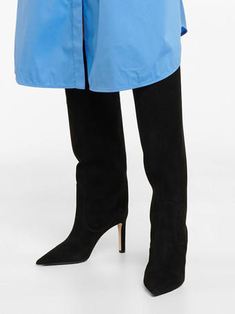 女性のニーハイ ブーツ ブラック スティレット ヒール ワイド カーフ ブーツ