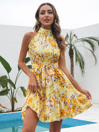 イエローミニドレス ピンク フローラルプリント ノースリーブ ポリエステル ショートドレス