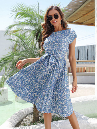 Summer Dress Light Sky Blue Floral Print Beach Dress
