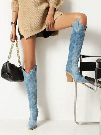 レディース ウエスタンブーツ キャンバス チャンキーヒール ニーハイブーツ