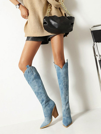 レディース ウエスタンブーツ キャンバス チャンキーヒール ニーハイブーツ