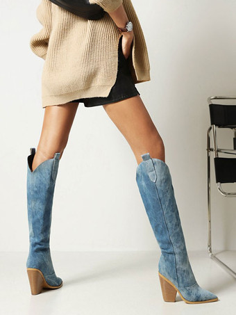 レディース ウエスタンブーツ キャンバス チャンキーヒール ニーハイブーツ