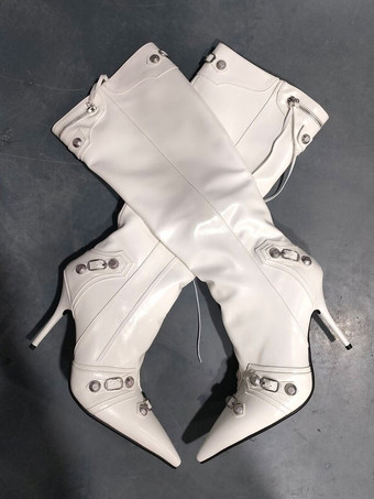 女性のニーハイブーツクラシックポインテッドトゥスティレットスキニーヒールスタッドバックルヴィンテージブーツ