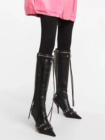 女性のニーハイブーツクラシックポインテッドトゥスティレットスキニーヒールスタッドバックルヴィンテージブーツ