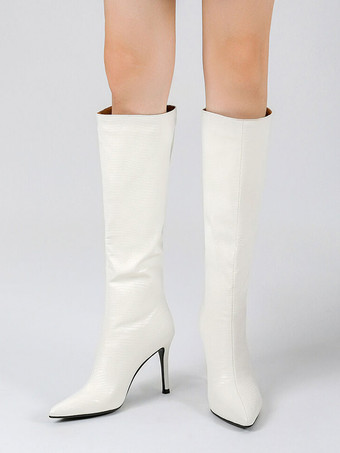 レディース ワイドカーフブーツ スティレットヒール 膝丈ブーツ