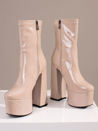 女性のアンクル ブーツ ラウンド トゥ プラットフォーム チャンキー ブライト レザー ヒール ブーティ