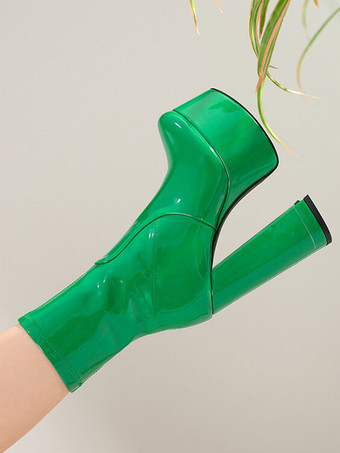 女性のアンクル ブーツ ラウンド トゥ プラットフォーム チャンキー ブライト レザー ヒール ブーティ