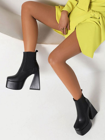 ブラック アンクル ブーツ プラットフォーム スクエア トゥ チャンキー ヒール ブーティ