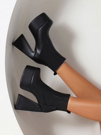 ブラック アンクル ブーツ プラットフォーム スクエア トゥ チャンキー ヒール ブーティ
