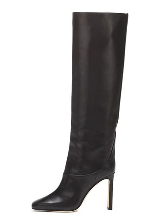 レディース バーガンディ ブーツ スクエアトゥ チャンキーヒール ニーハイ ブーツ