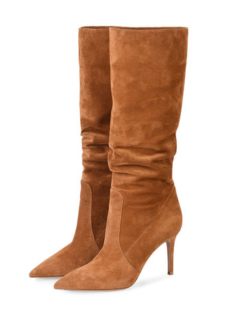 女性の前かがみのブーツスエードはつま先のハイヒール膝の高いブーツを尖らせる