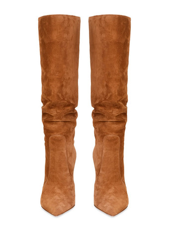 女性の前かがみのブーツスエードはつま先のハイヒール膝の高いブーツを尖らせる
