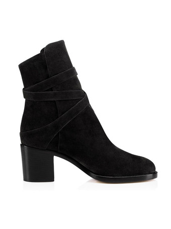 女性の足首ブーツブラックスエードラウンドトゥーチャンキーヒールアンクルブーツ