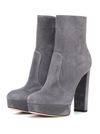 グレイ足首ブーツ 女性 スエード ラウンドト ゥーチャンキーヒールブーツ