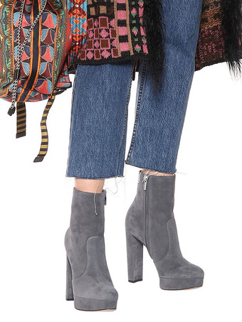 足首ブーツ 女性 スエード ラウンドト ゥーチャンキーヒールブーツ