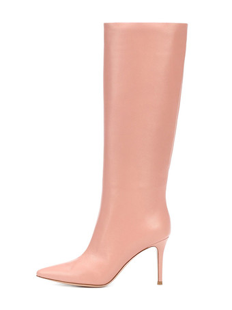 サーモンピンクレディース ミッドカーフブーツ バーガンディ ポインテッドトゥ スティレットヒール パーティーブーツ